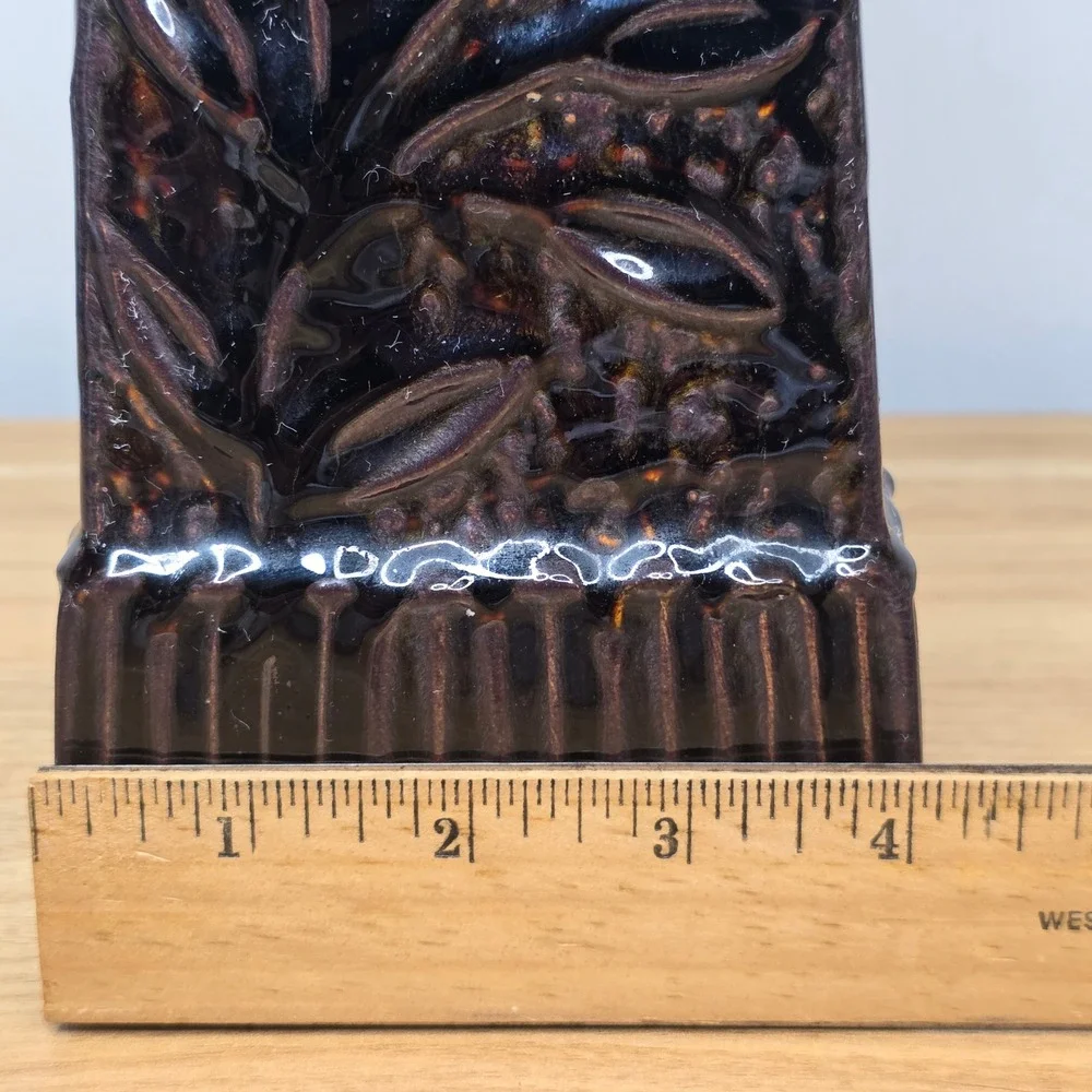 Ceramic Pillar Candle‎ Holder 11in Metallic Dark Brown Embossed Floral Tapered